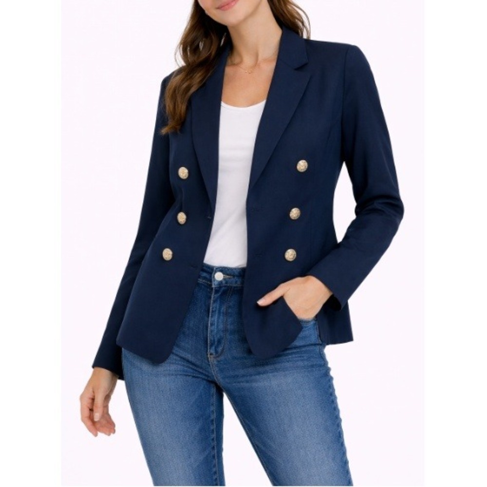 Runway NY Women's Navy Blue Double Breasted Blazer‎ Gold Crest Button Size S